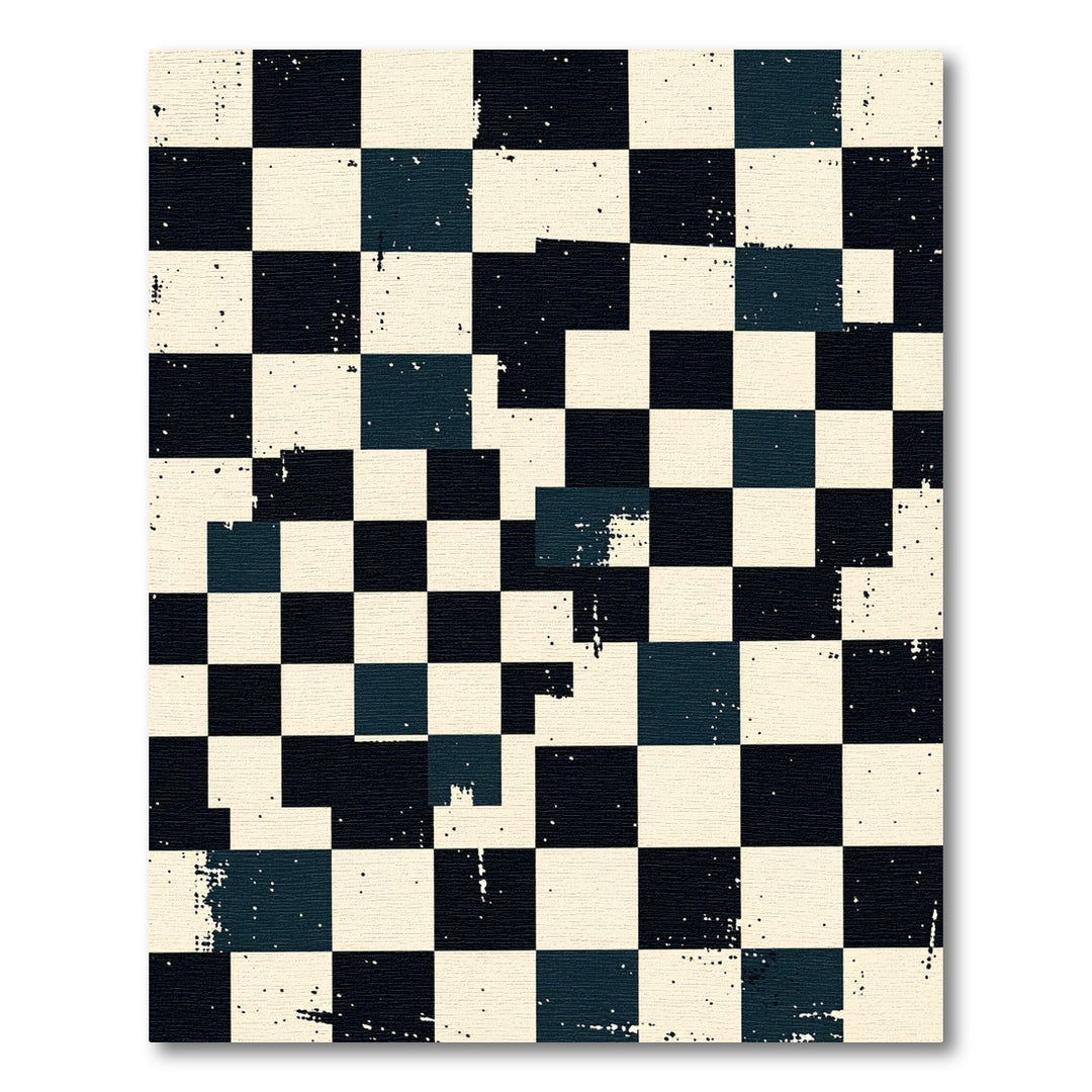 Distressed Black White Checkerboard Square Arrangement Rug