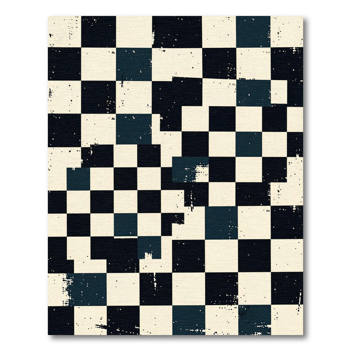 Distressed Black White Checkerboard Square Arrangement Rug
