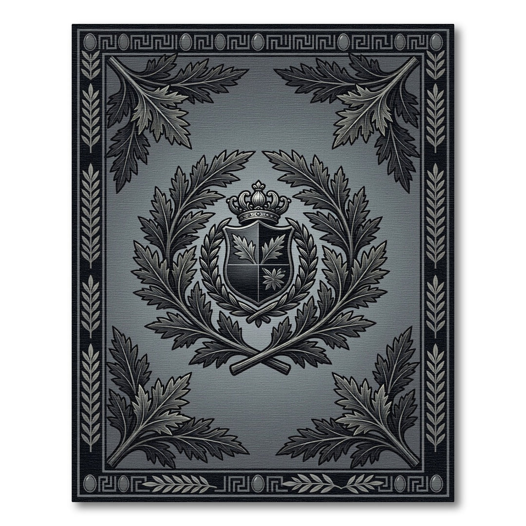 Ornate Gray Crest Laurel Wreath Rug