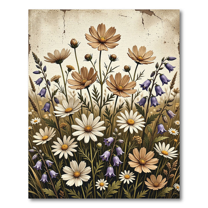 Vintage Tan and White Floral Meadow Rug
