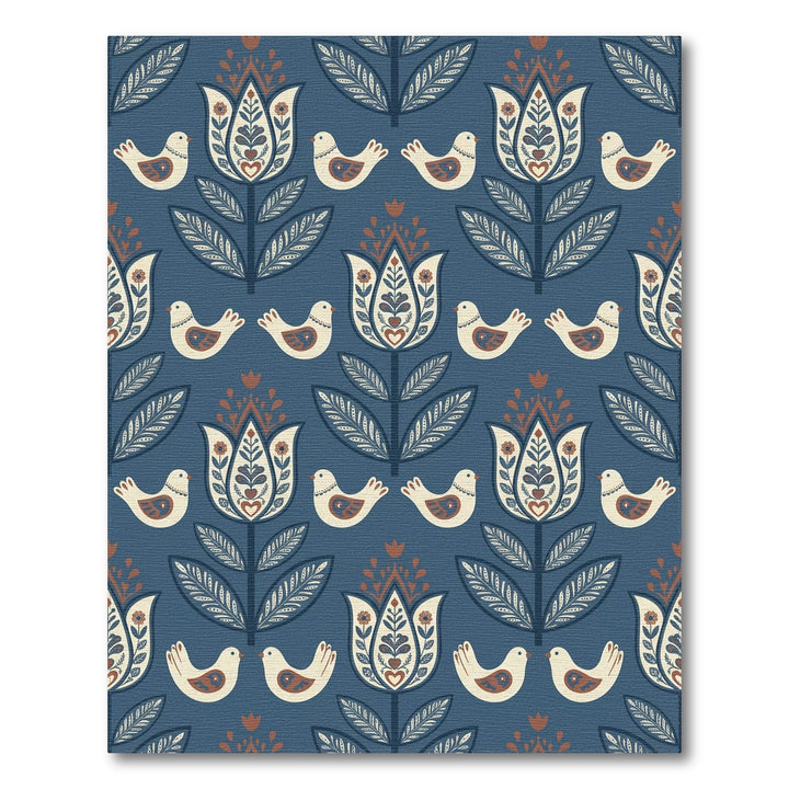 Dark Blue Folk Art Floral Bird Rug