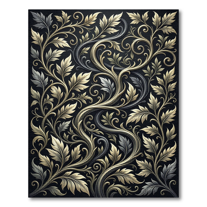 Ornate Gold Silver Leaf Scroll Rug