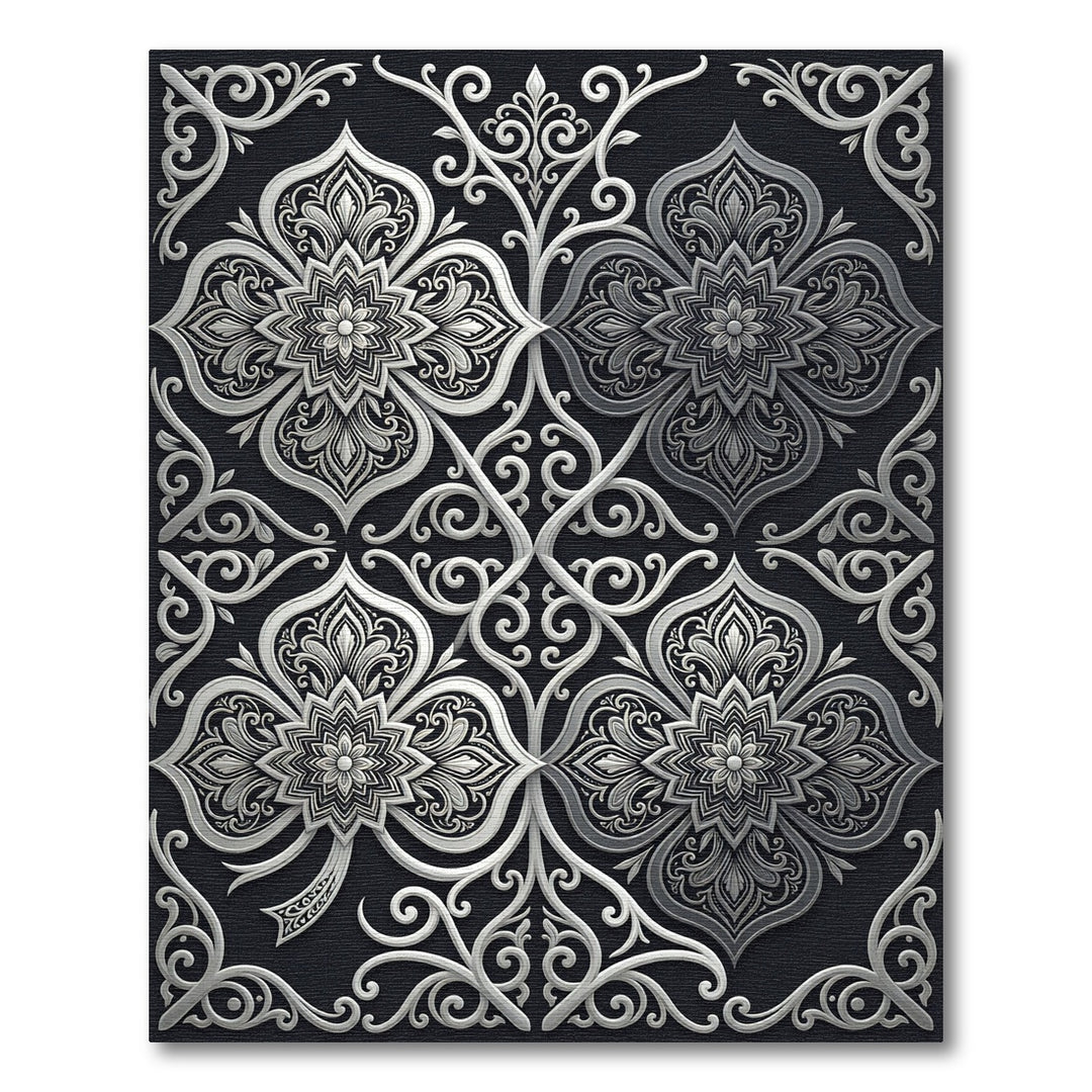 Intricate Silver Arabesque Scrollwork Rug