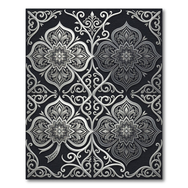 Intricate Silver Arabesque Scrollwork Rug