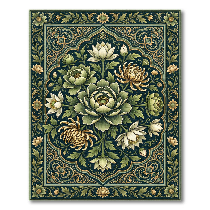 Elegant Green Lotus Chrysanthemum Botanical Rug