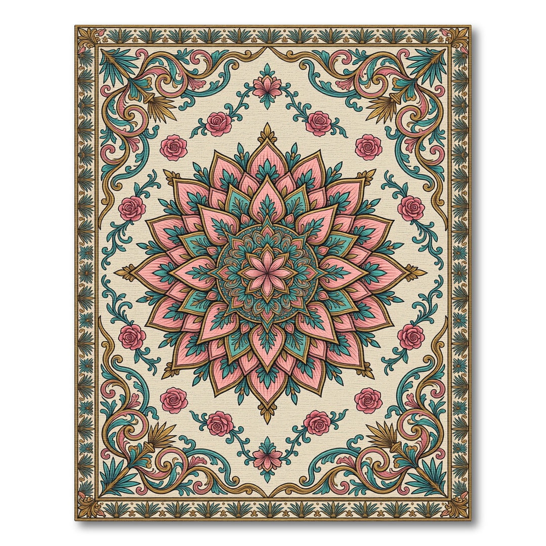 Vintage Pink Teal Floral Medallion Rug