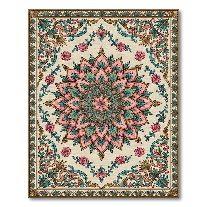 Vintage Pink Teal Floral Medallion Rug
