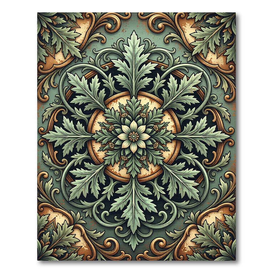Ornate Sage Green Floral Scrollwork Rug