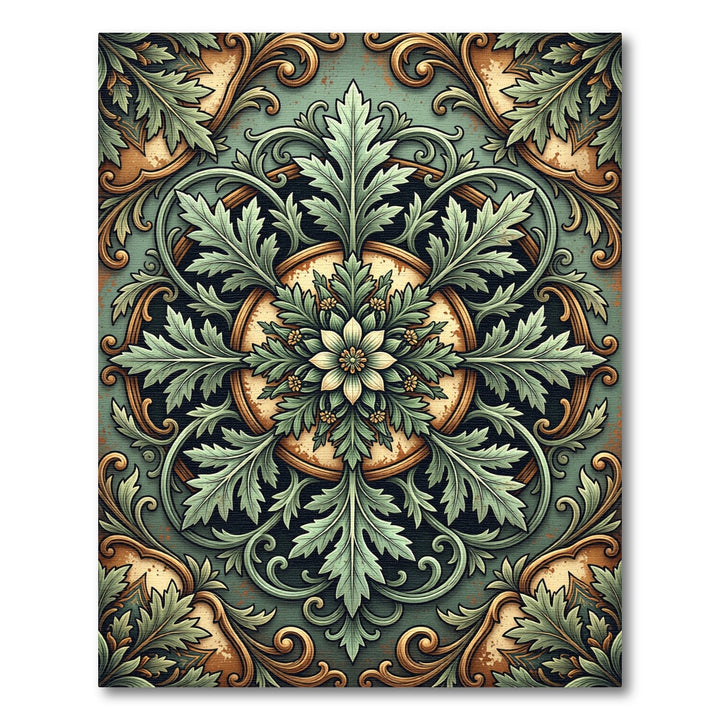 Ornate Sage Green Floral Scrollwork Rug