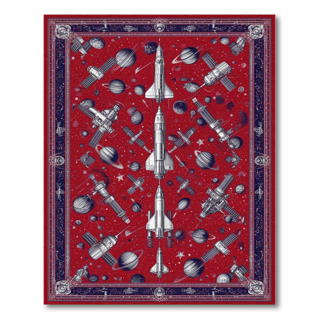 Red Space Rocket Washable Area Rug