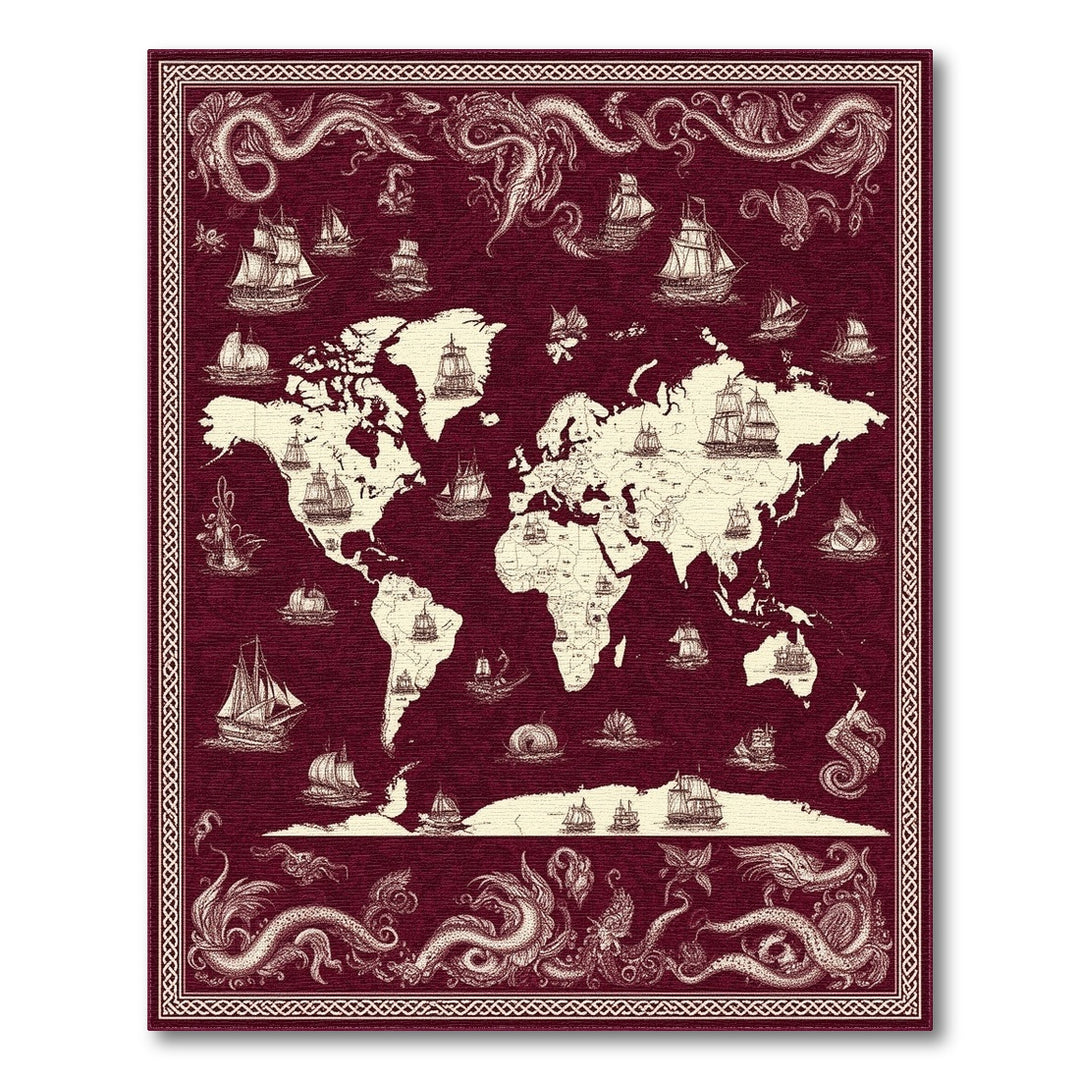Red Vintage World Map Ships Area Rug