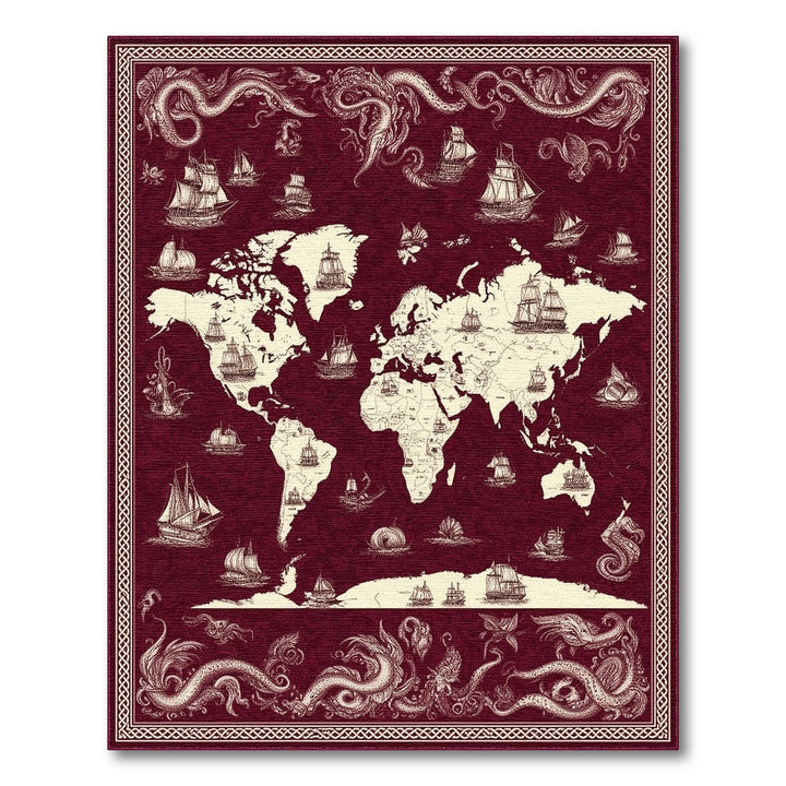 Red Vintage World Map Ships Area Rug