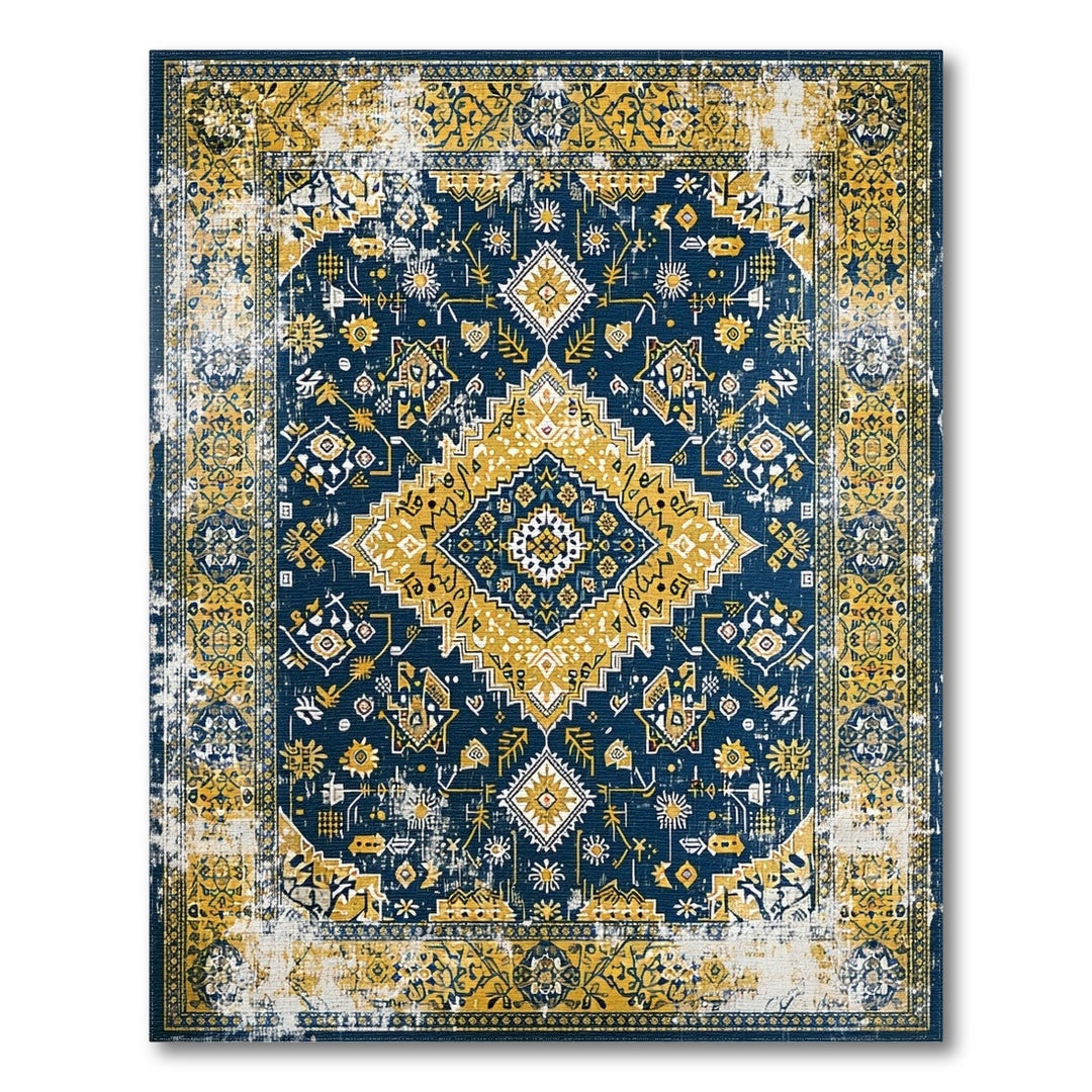 Distressed Navy Blue and Gold Vintage Area Rug