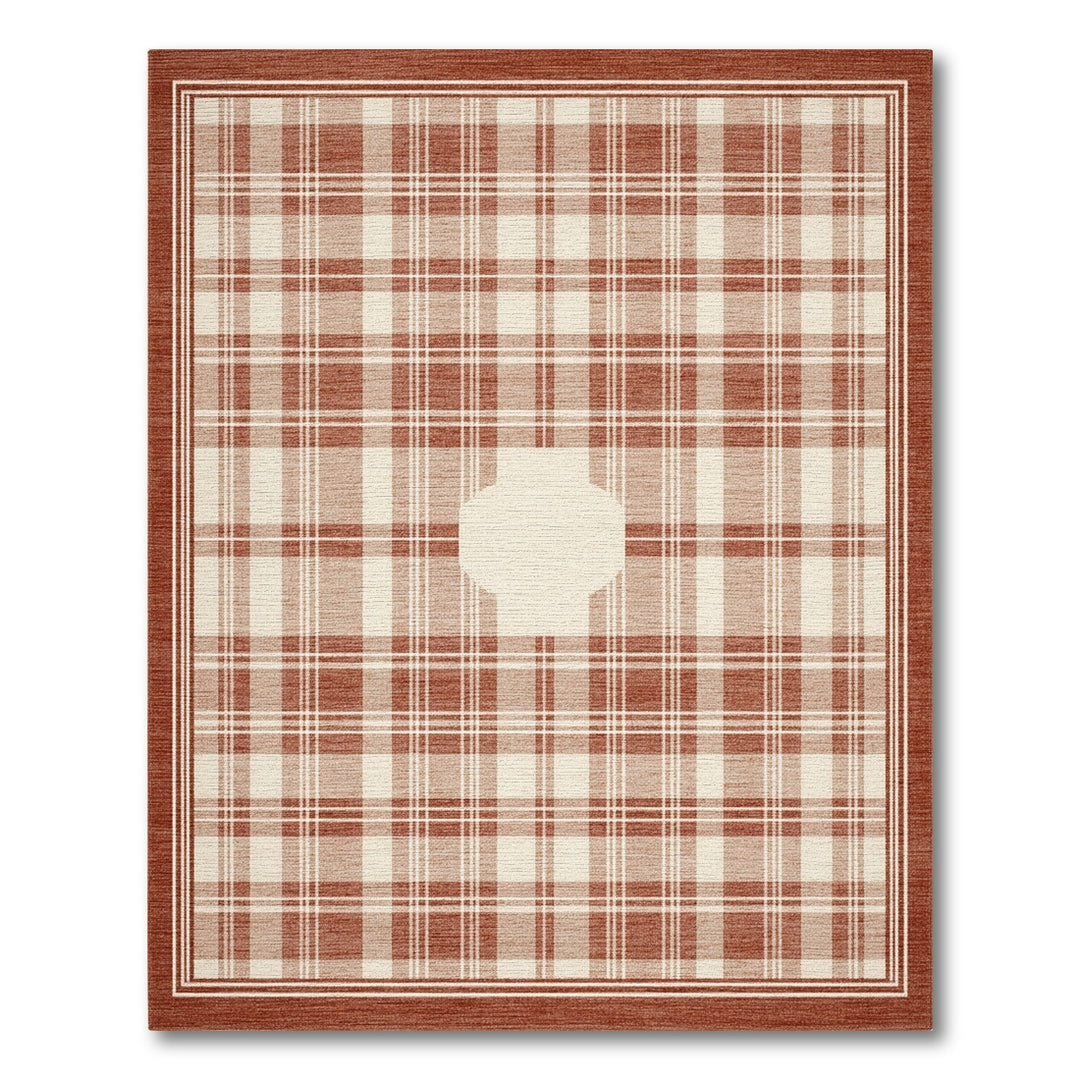 Brown Plaid Area Rug with Ivory Center Motif