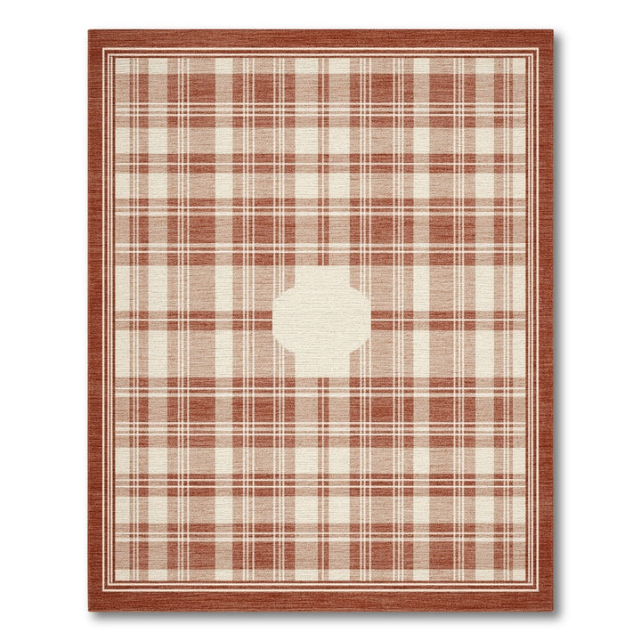 Brown Plaid Area Rug with Ivory Center Motif