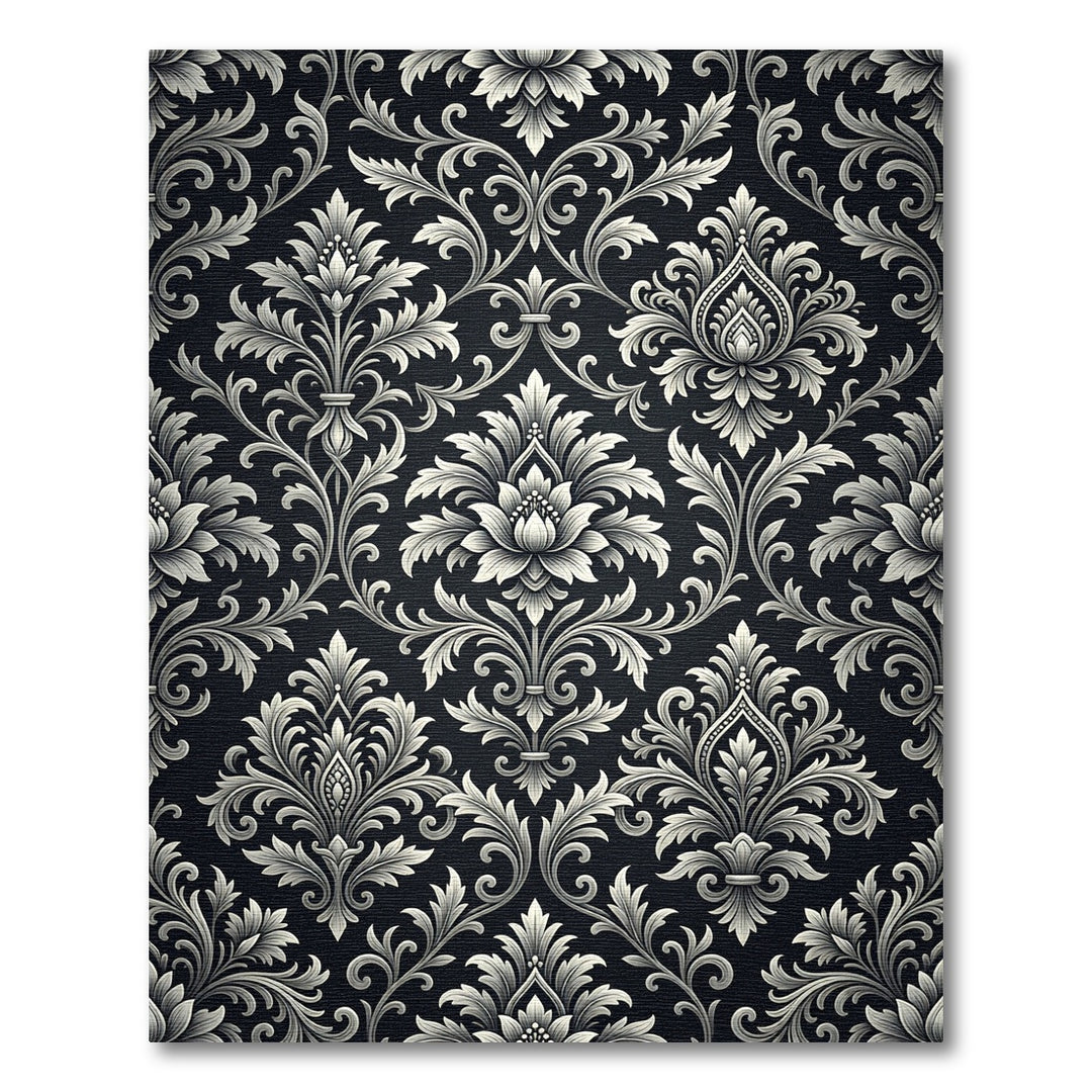 Elegant Black White Damask Scroll Rug