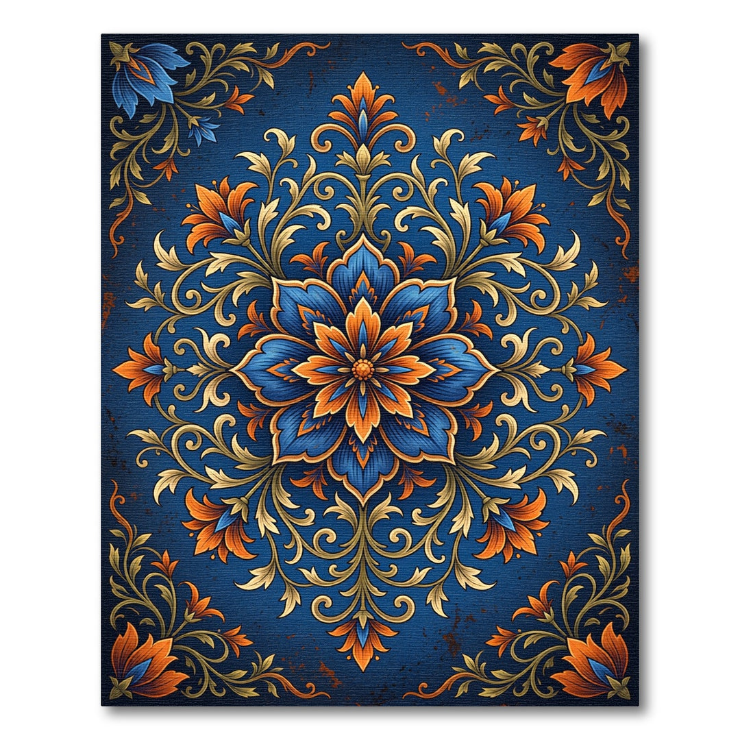 Ornate Blue Orange Floral Medallion Rug