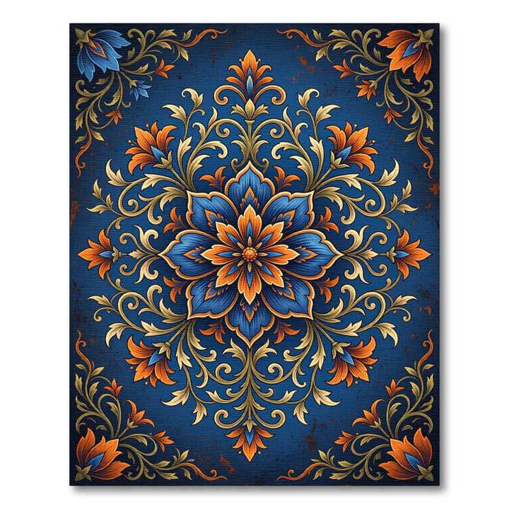Ornate Blue Orange Floral Medallion Rug