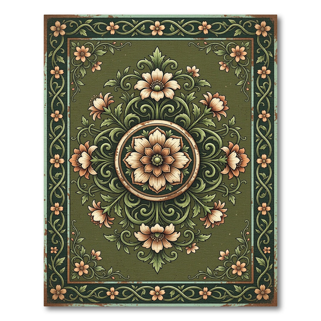 Vintage Green Floral Scroll Rug