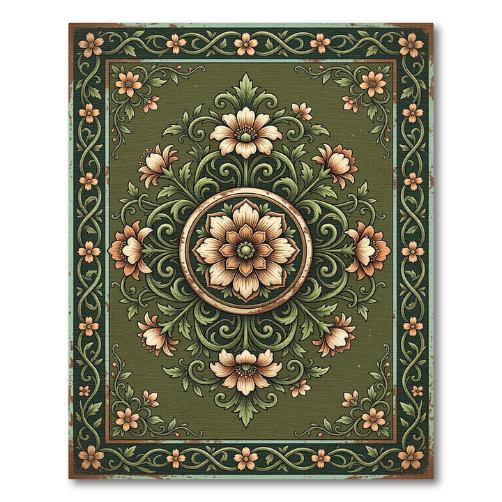 Vintage Green Floral Scroll Rug