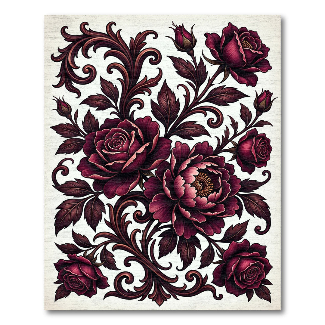 Ornate Burgundy Rose Floral Scroll Rug