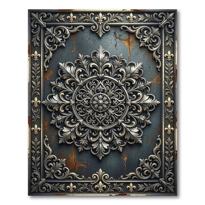 Ornate Silver Medallion On Distressed Surface Rug