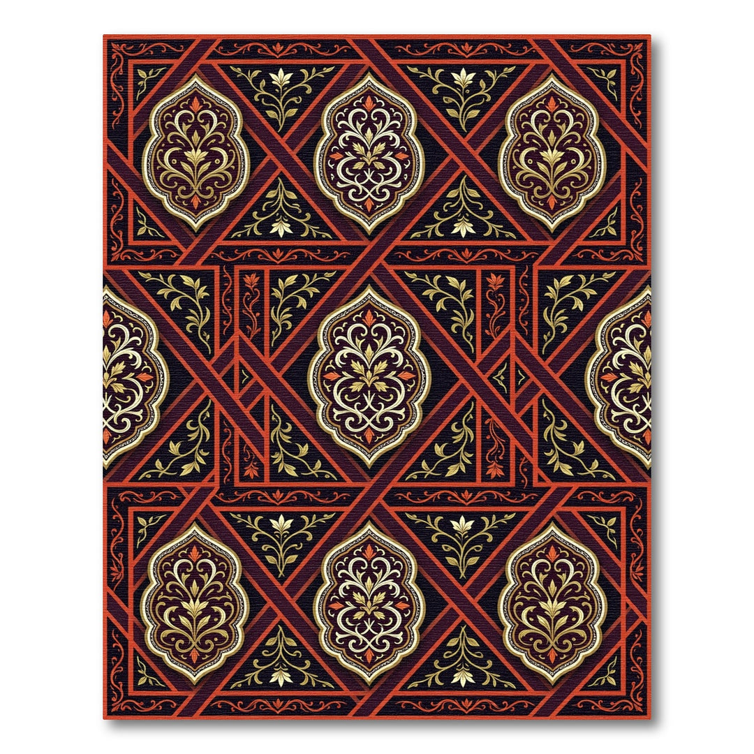 Luxury Gold Red Geometric Floral Rug