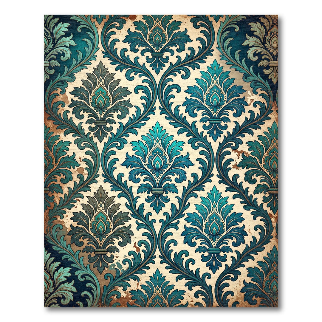 Ornate Teal Damask Scrollwork Rug
