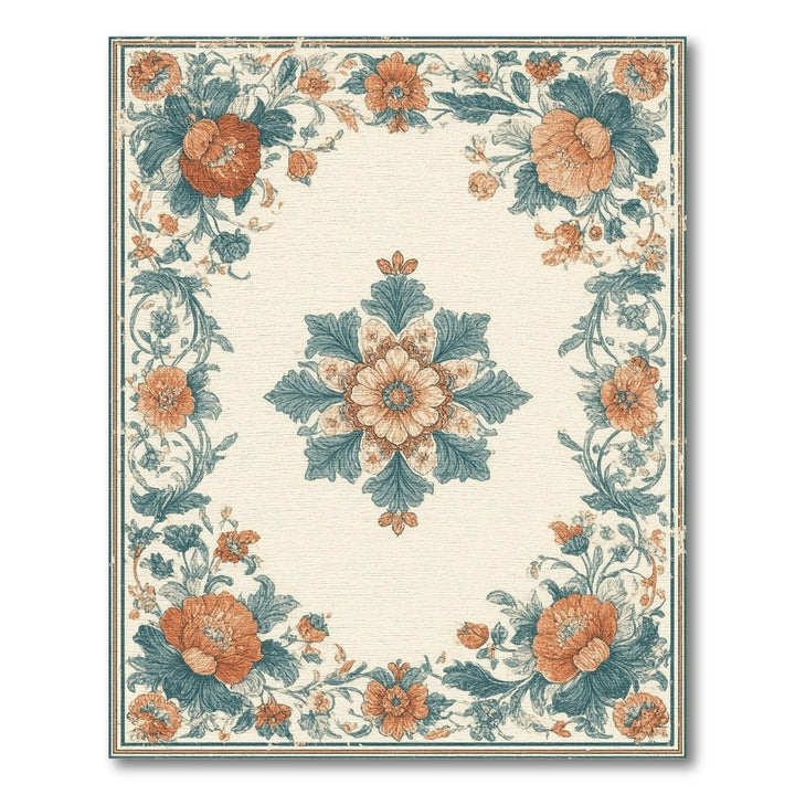 Vintage Floral Medallion Teal Orange Area Rug