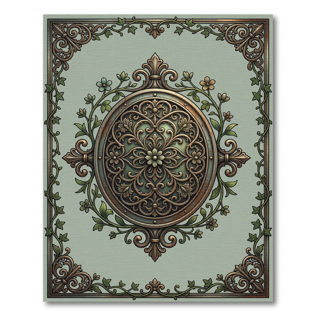 Ornate Green Ivy Floral Medallion Rug