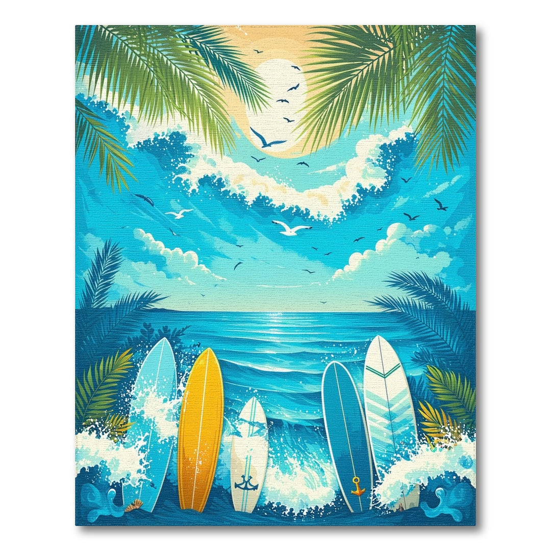 Blue Surfboard Waves Coastal Beach Area Rug