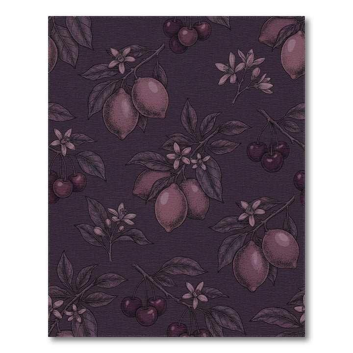 Dark Plum Cherry Lemon Botanical Illustration Rug