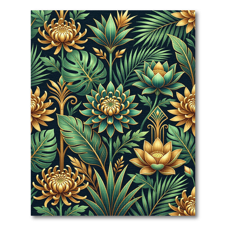 Art Deco Gold Green Floral Leaves Rug
