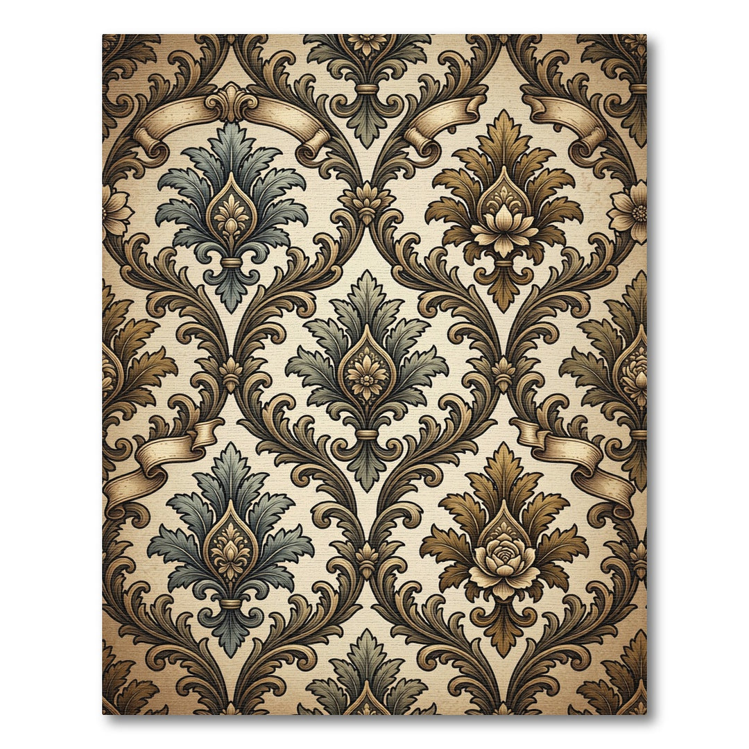 Elegant Gold and Teal Damask Scroll Rug