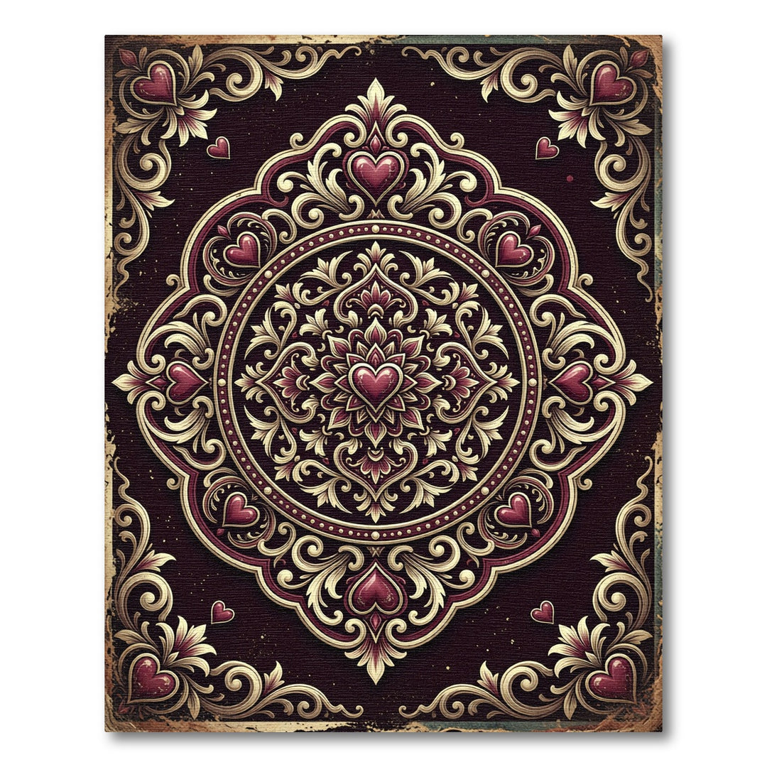 Ornate Hearts and Gold Medallion Rug