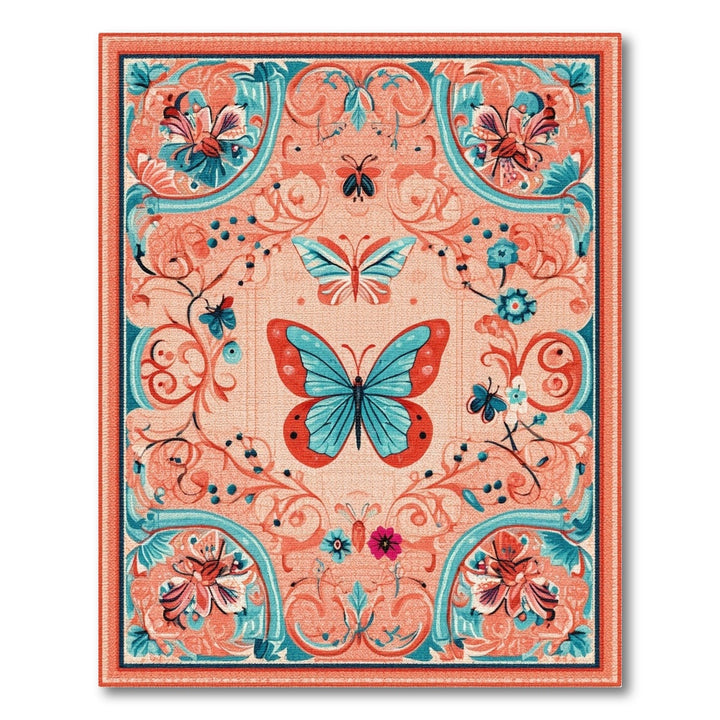 Blue Teal Butterfly Floral Vintage Area Rug