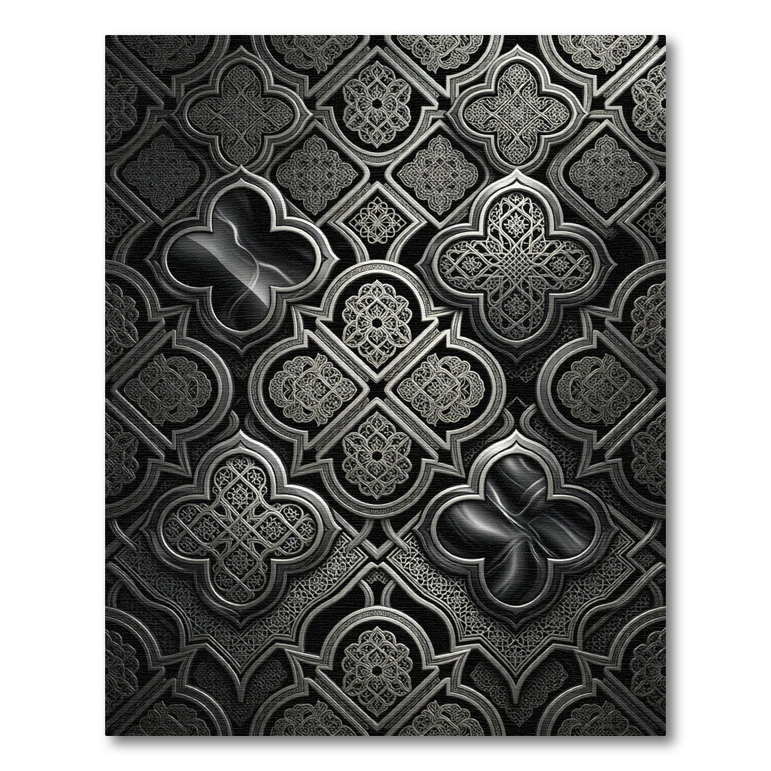 Ornate Black Silver Quatrefoil Tile Rug