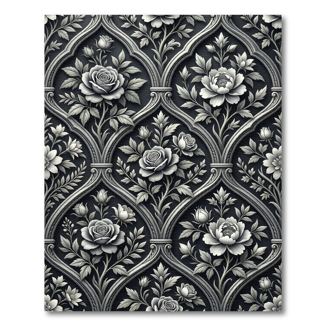 Elegant Black Rose Floral Damask Rug