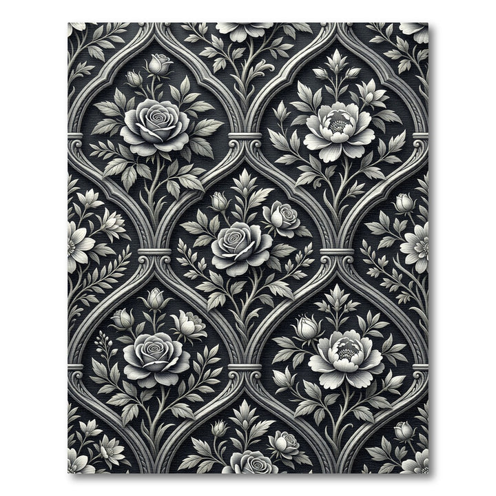 Elegant Black Rose Floral Damask Rug