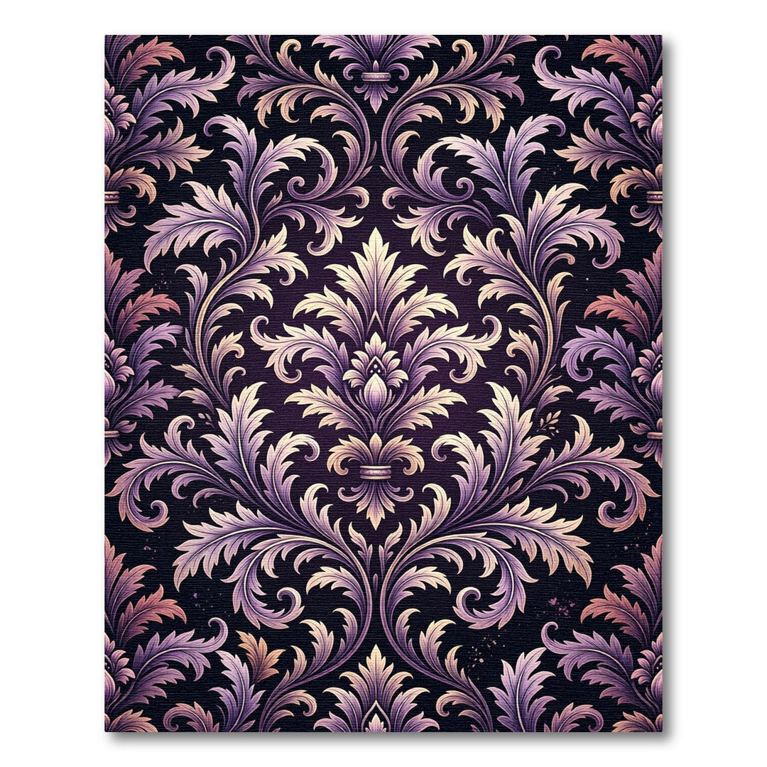 Ornate Purple Gold Damask Area Rug