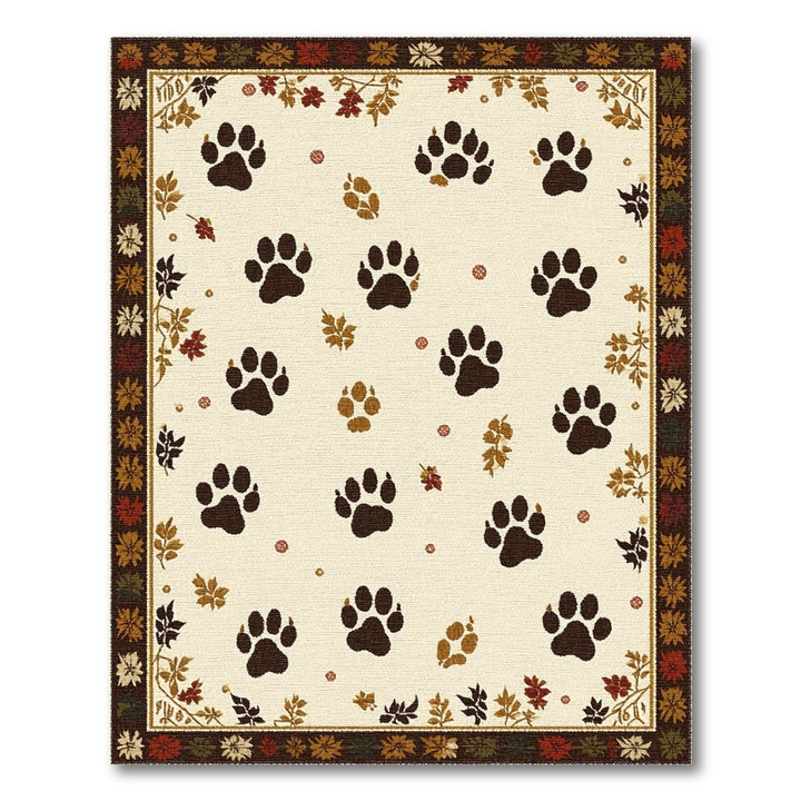 Beige Paw Print Area Rug with Autumn Leaf Border