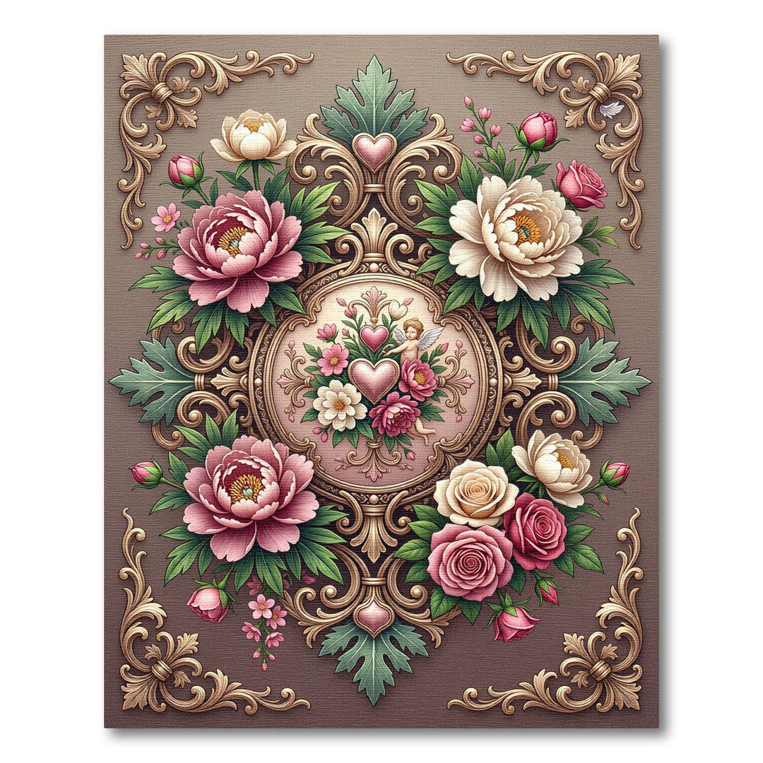 Vintage Pink Peony Cherub Medallion Rug
