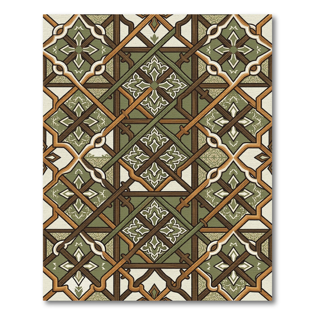 Geometric Wood Lattice Green Medallion Rug