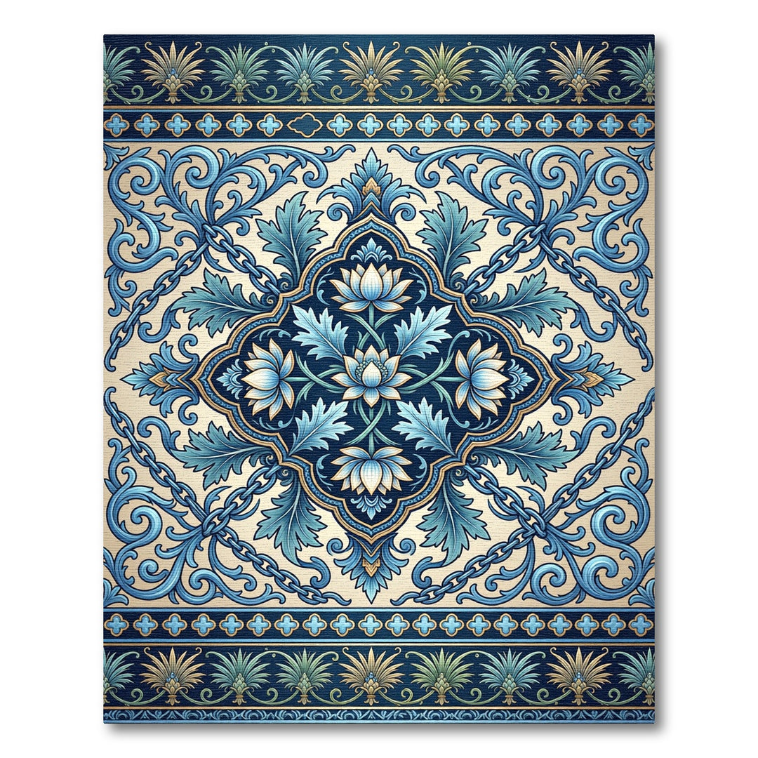 Ornate Blue Lotus Scroll Border Rug