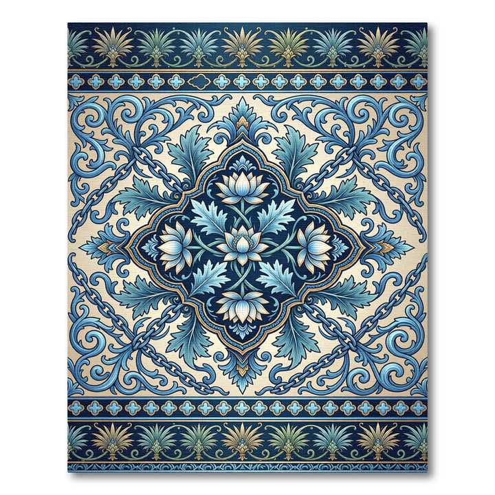 Ornate Blue Lotus Scroll Border Rug