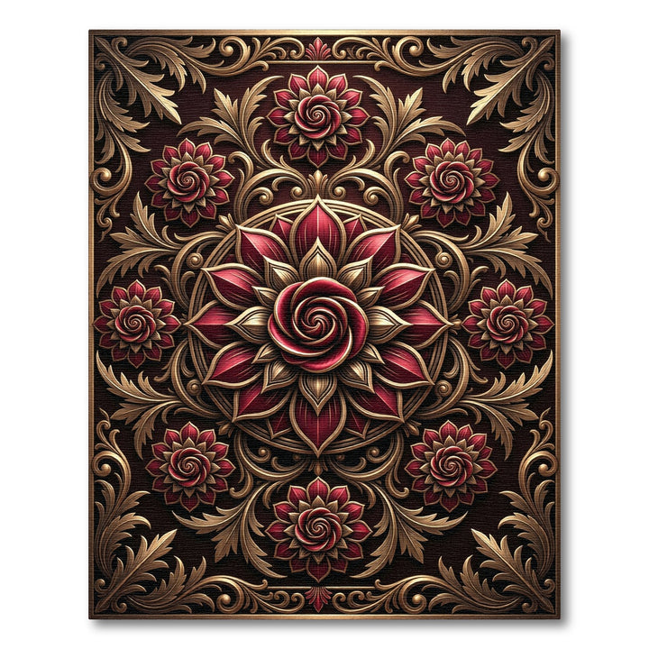 Crimson Rococo Blossom Scrollwork Rug