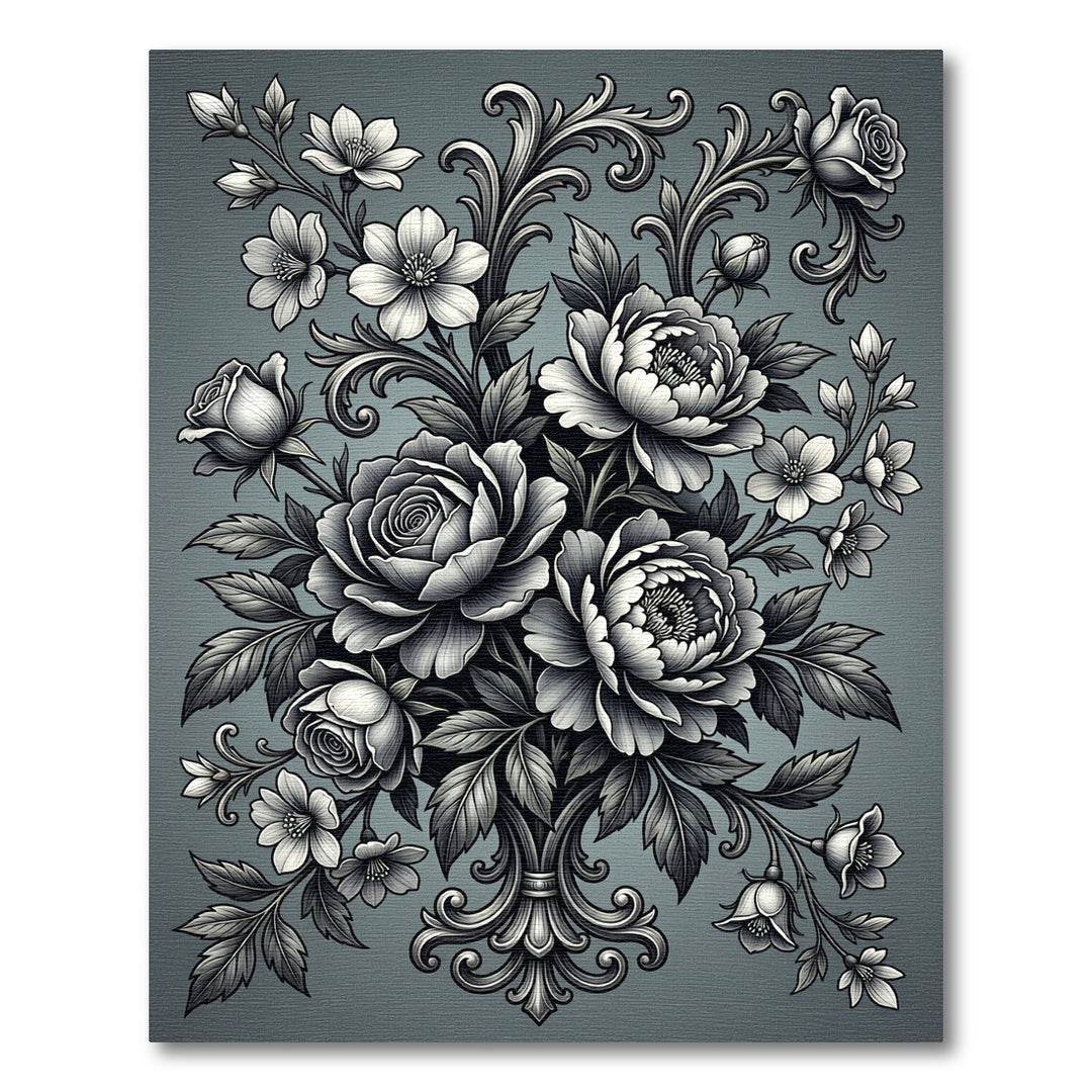 Monochromatic Floral Scroll Arrangement Rug