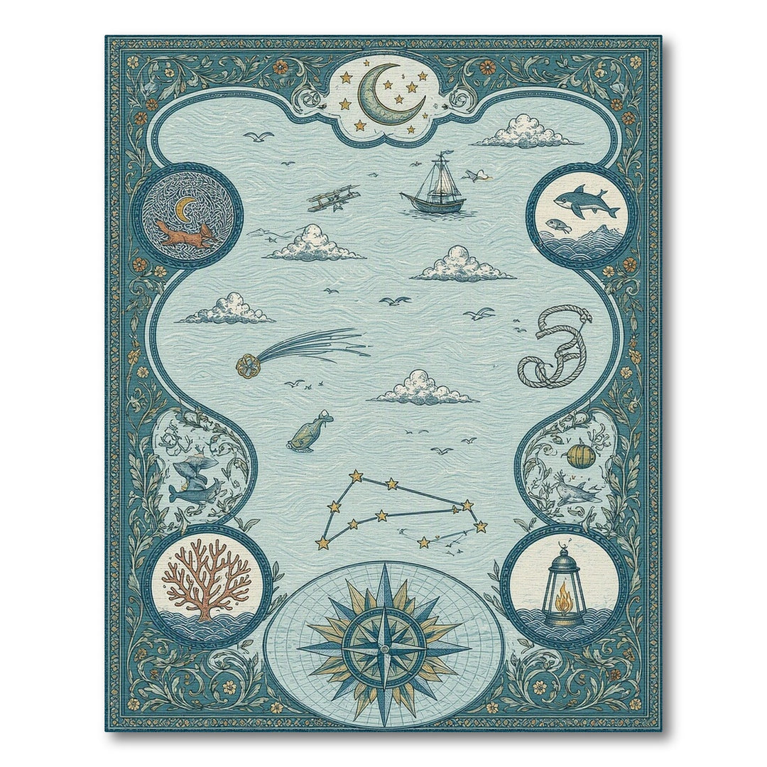 Blue Teal Nautical Compass Ocean Area Rug