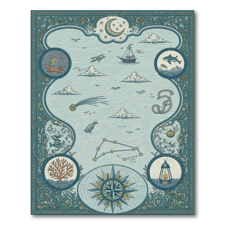 Blue Teal Nautical Compass Ocean Area Rug