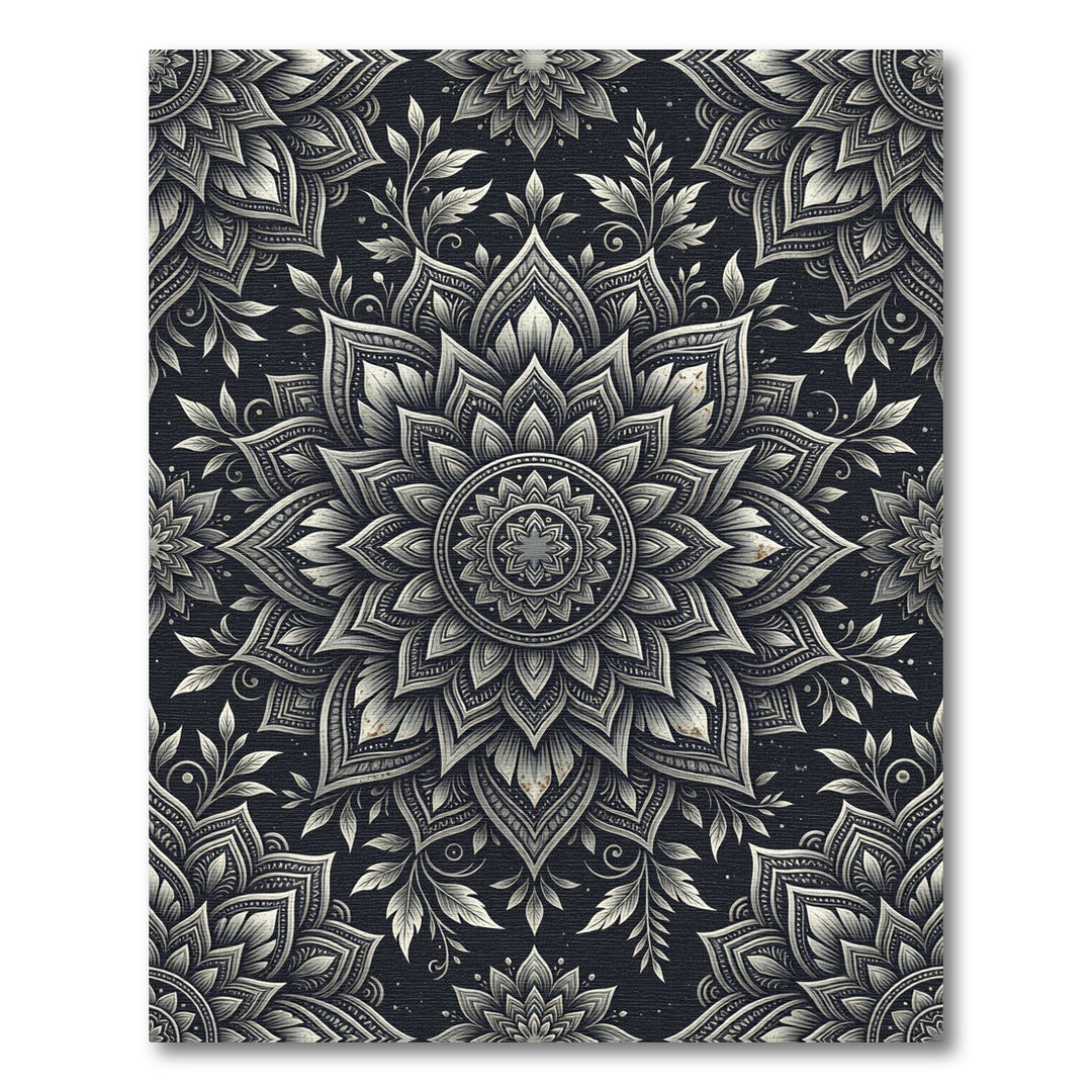 Ornate Black and White Mandala Blooms Rug